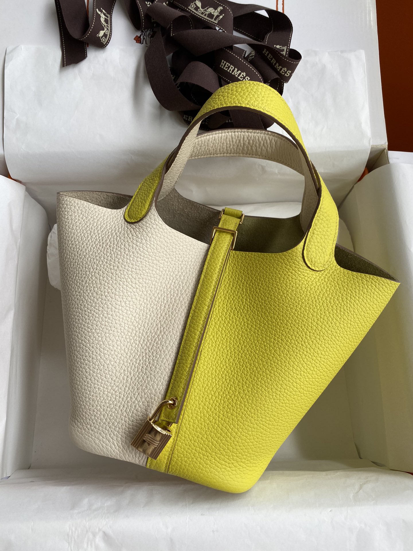 Hermes Picotin Lock 18 Bag In Yellow/White Clemence Leather